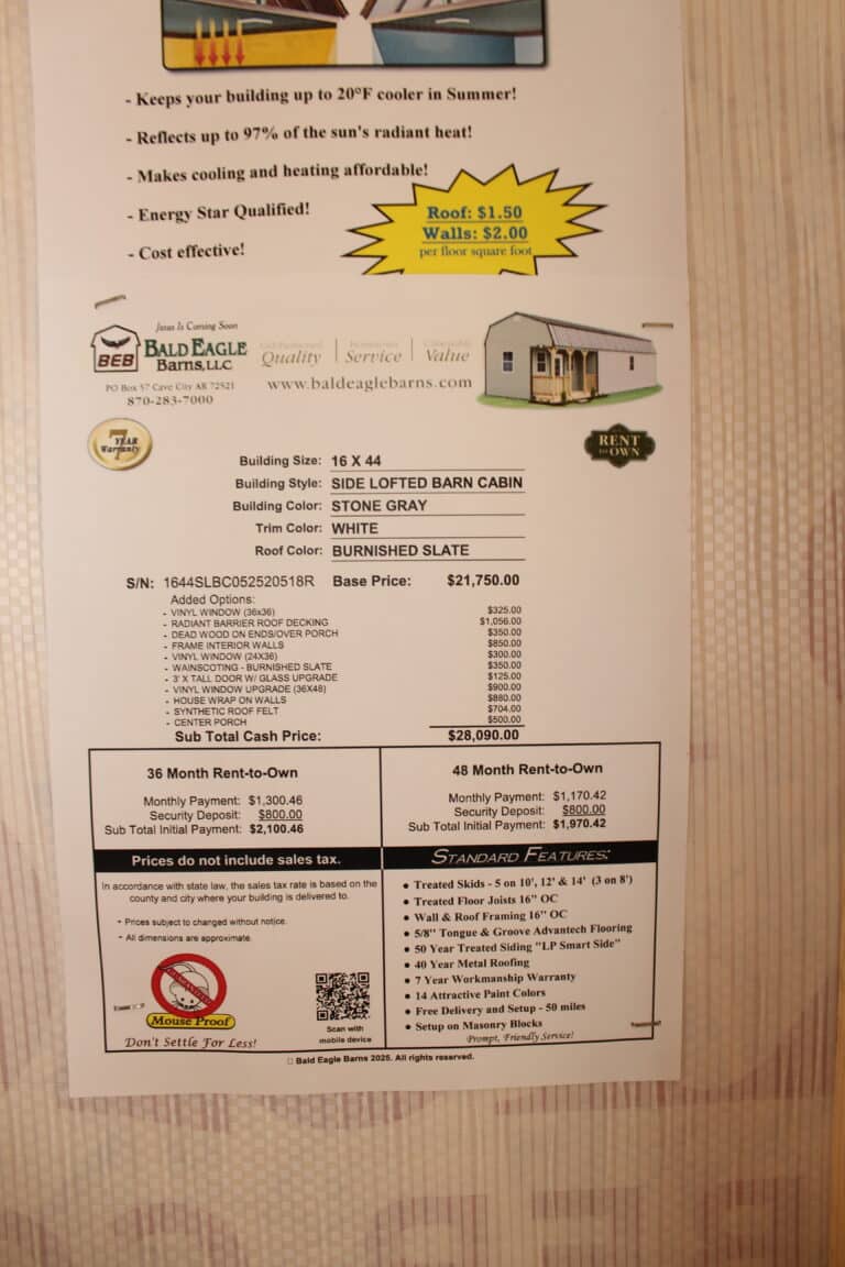 16x44 Side Lofted Barn Cabin
