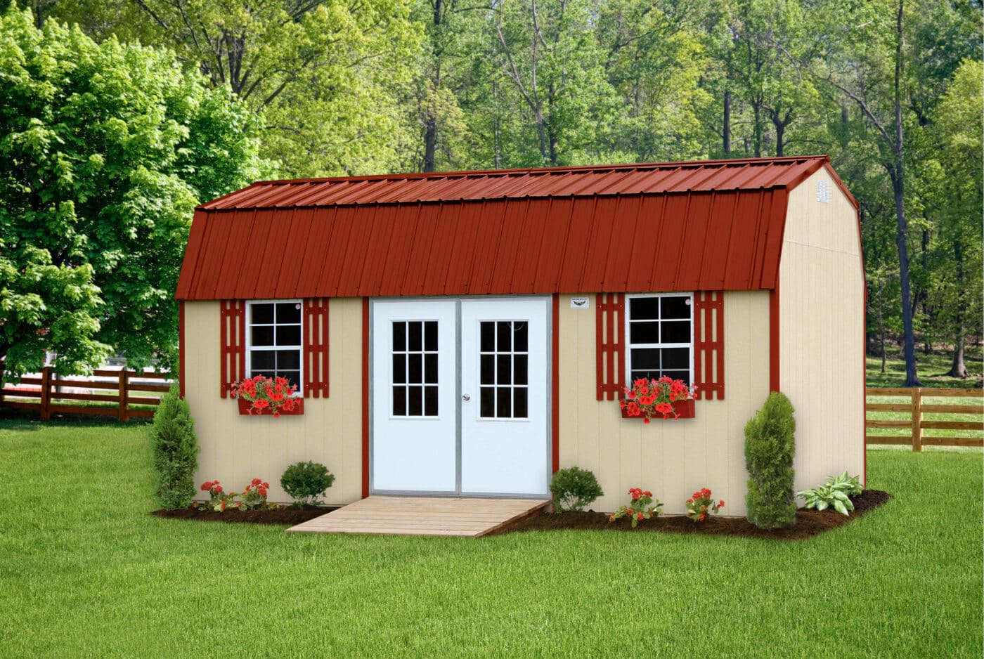 Sheds and Barns for sale in Searcy AR. Beige and red shed in garden with double white door and two windows
