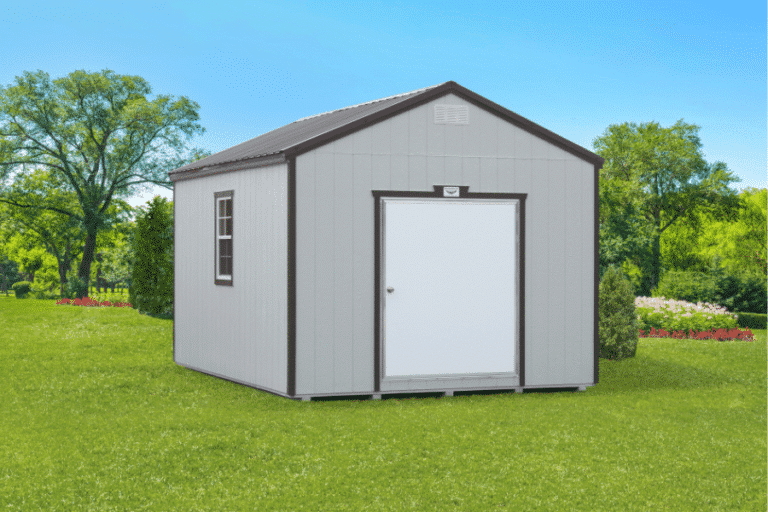 light gray rent to own sheds with dark gray trim and metal roofing
