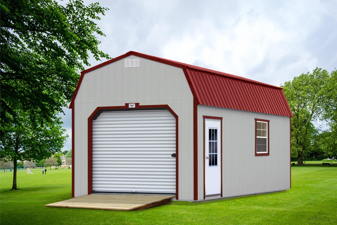 a light grey portable barn garage shed with red trim, a red metal roof, a white garage door, and a white side door for sale in salem AR
