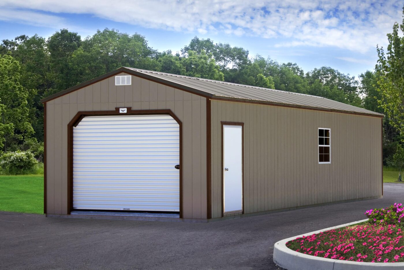 a beige portable garage shed with brown trim, a dark grey metal roof, a white garage door, and a white side door for sale in bald knob AR