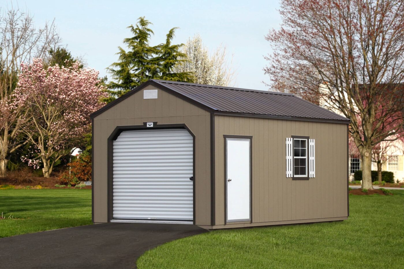 a beige portable garage shed with dark grey trim, a dark grey metal roof, white shutters on the window thats visible in the photo, a white garage door, and a white side door for sale in bradford AR
