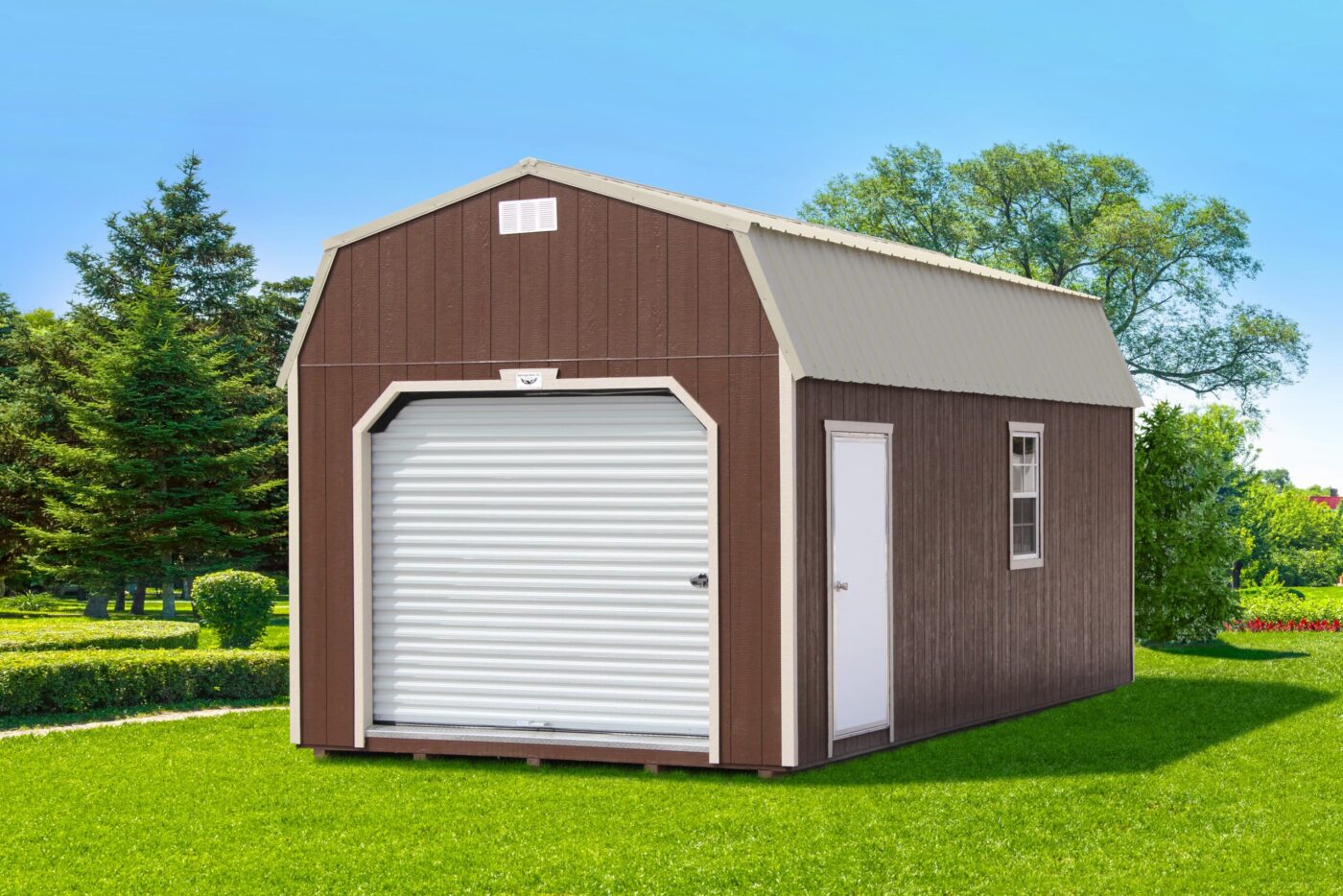 a brown portable barn garage shed with beige trim, a beige metal roof, a white garage and side door for sale in imboden AR