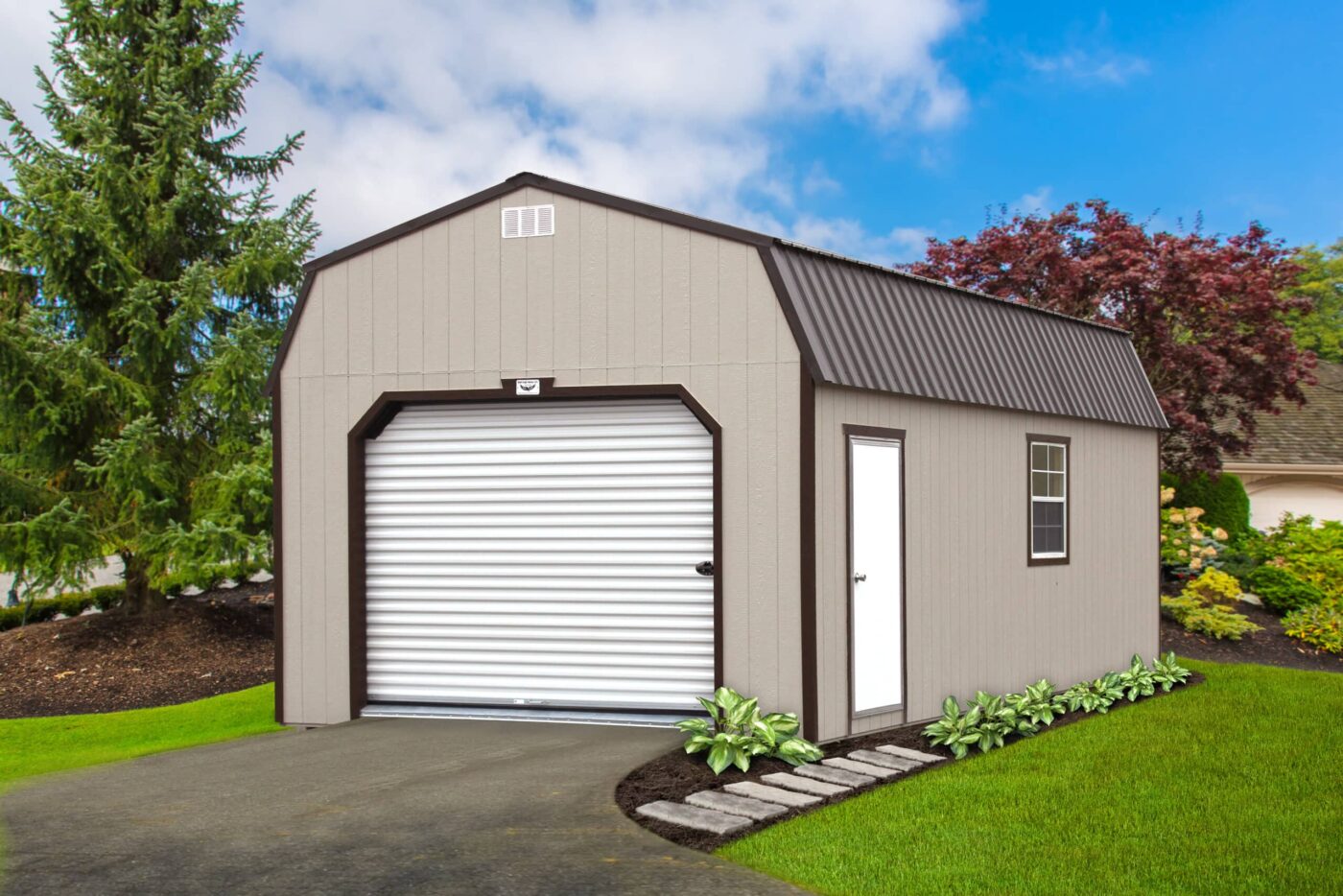 a beige portable garage shed with brown trim, a grey metal roof, a white garage door, and a white side door for sale in judsonia AR