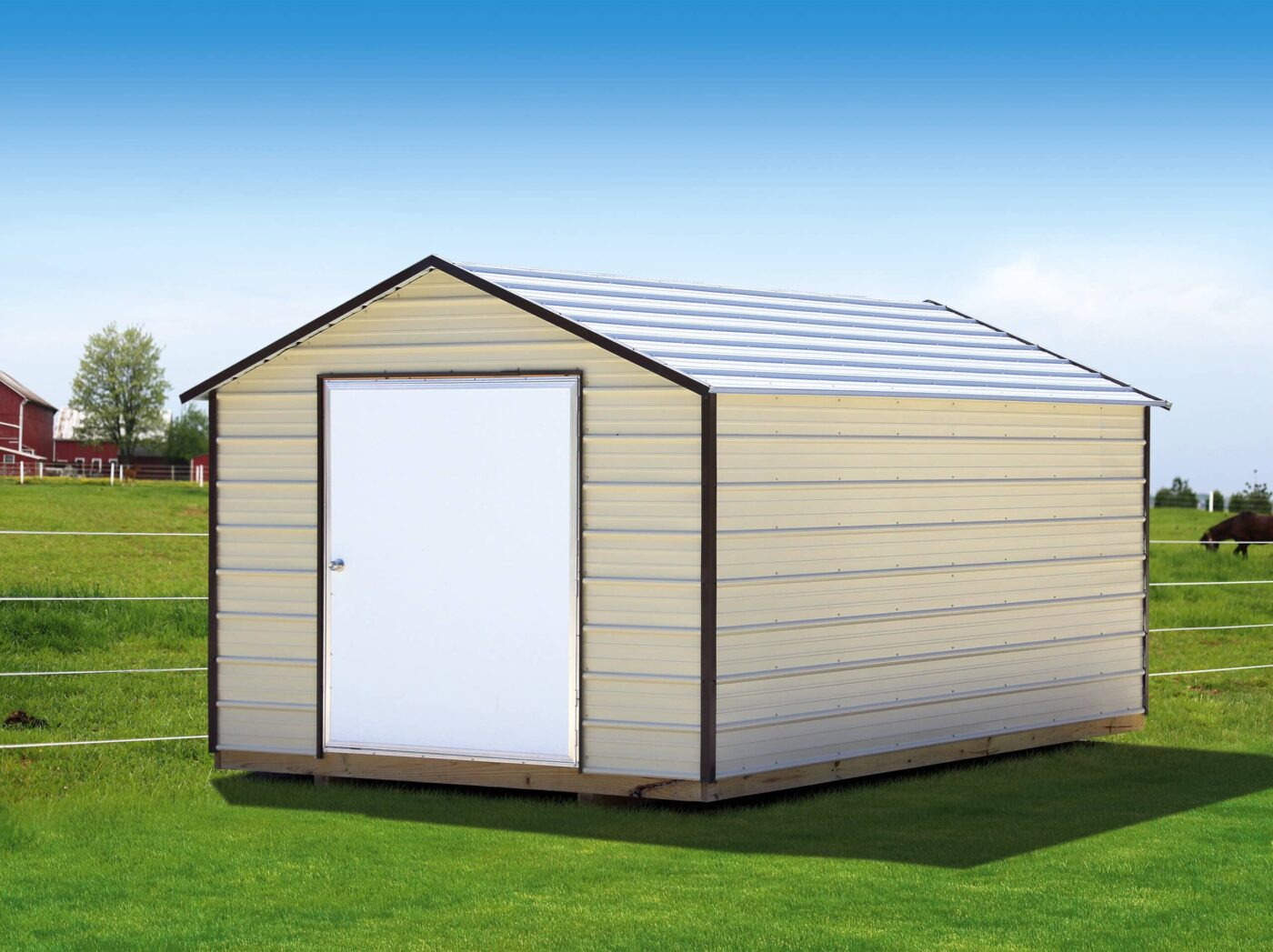 a beige portable metal shed with dark grey trim, a white metal roof, and a white door for sale in bald knob AR