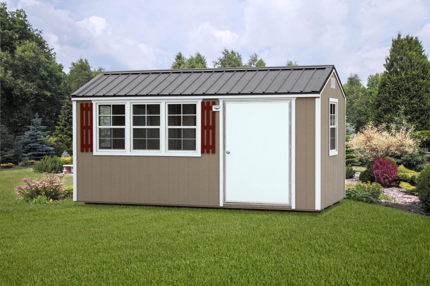 a beige portable workshop shed with white trim and a white door for sale in salem AR