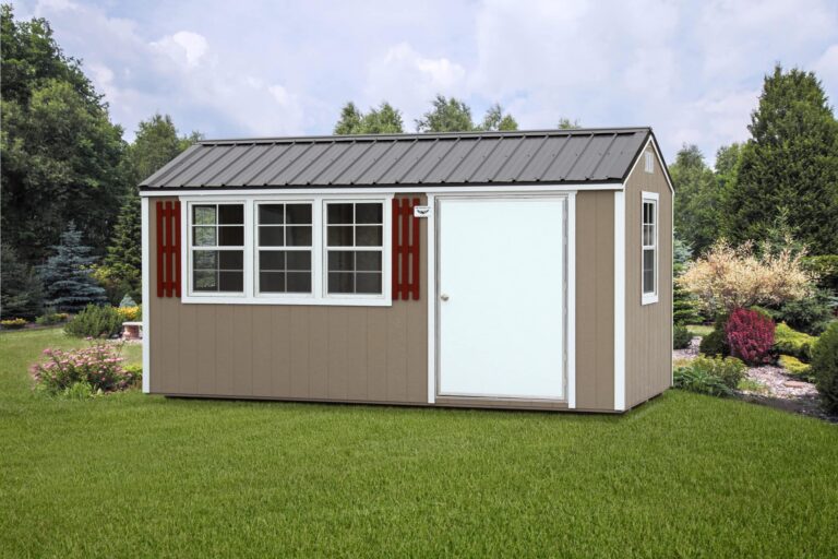 a beige portable workshop shed with white trim and a white door for sale in salem AR