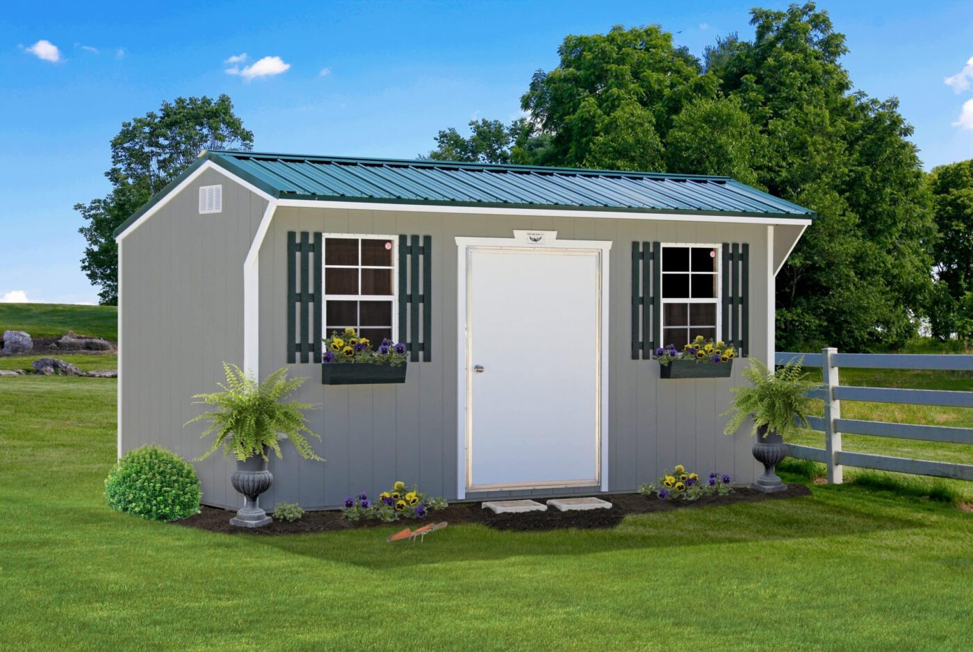 a grey portable specialty shed with white trim, a blue metal roof, blue shutters on the windows, and a white door for sale in bald knob AR