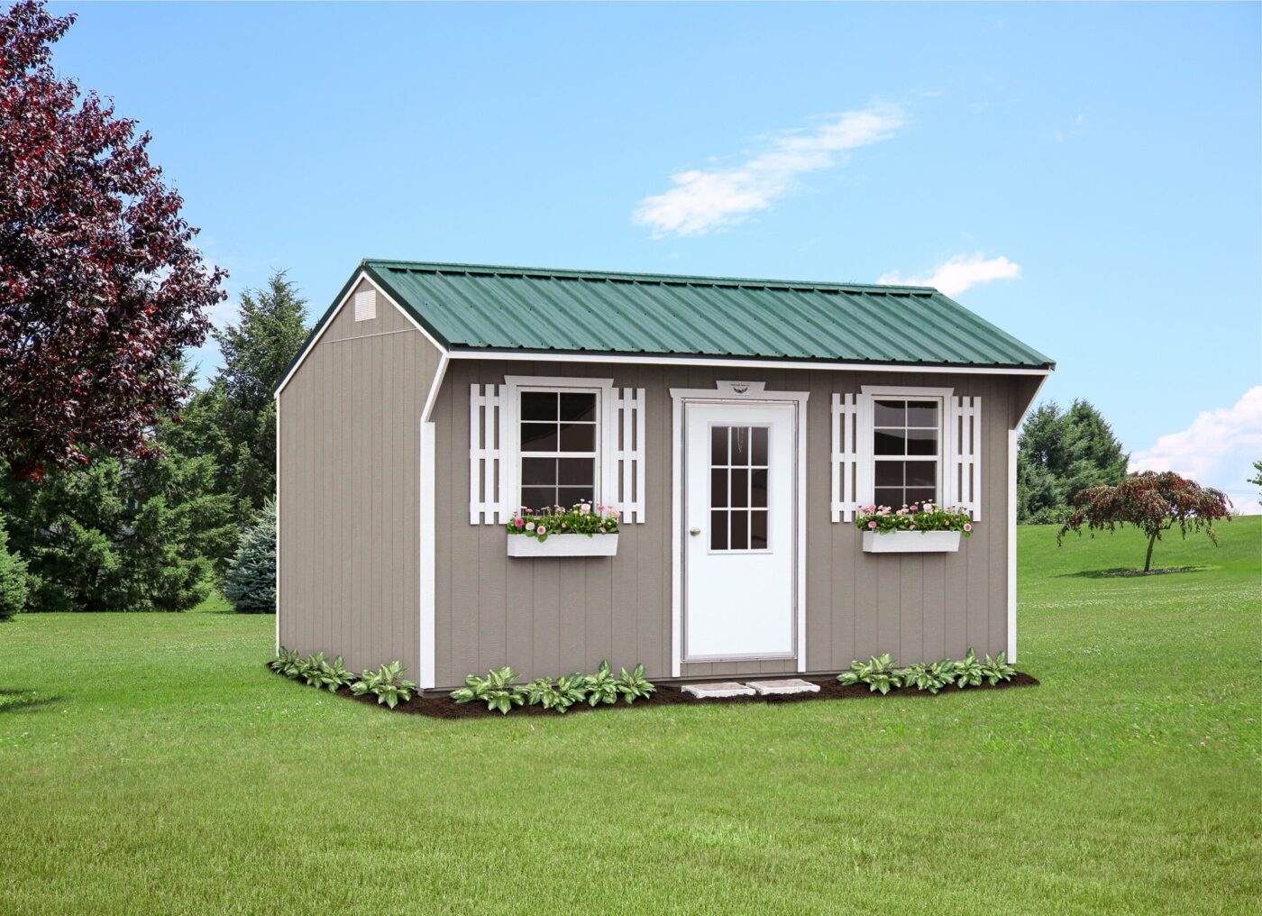 a grey portable specialty shed with white trim, a teal metal roof, a white door, and white shutters on the two windows for sale in bradford AR