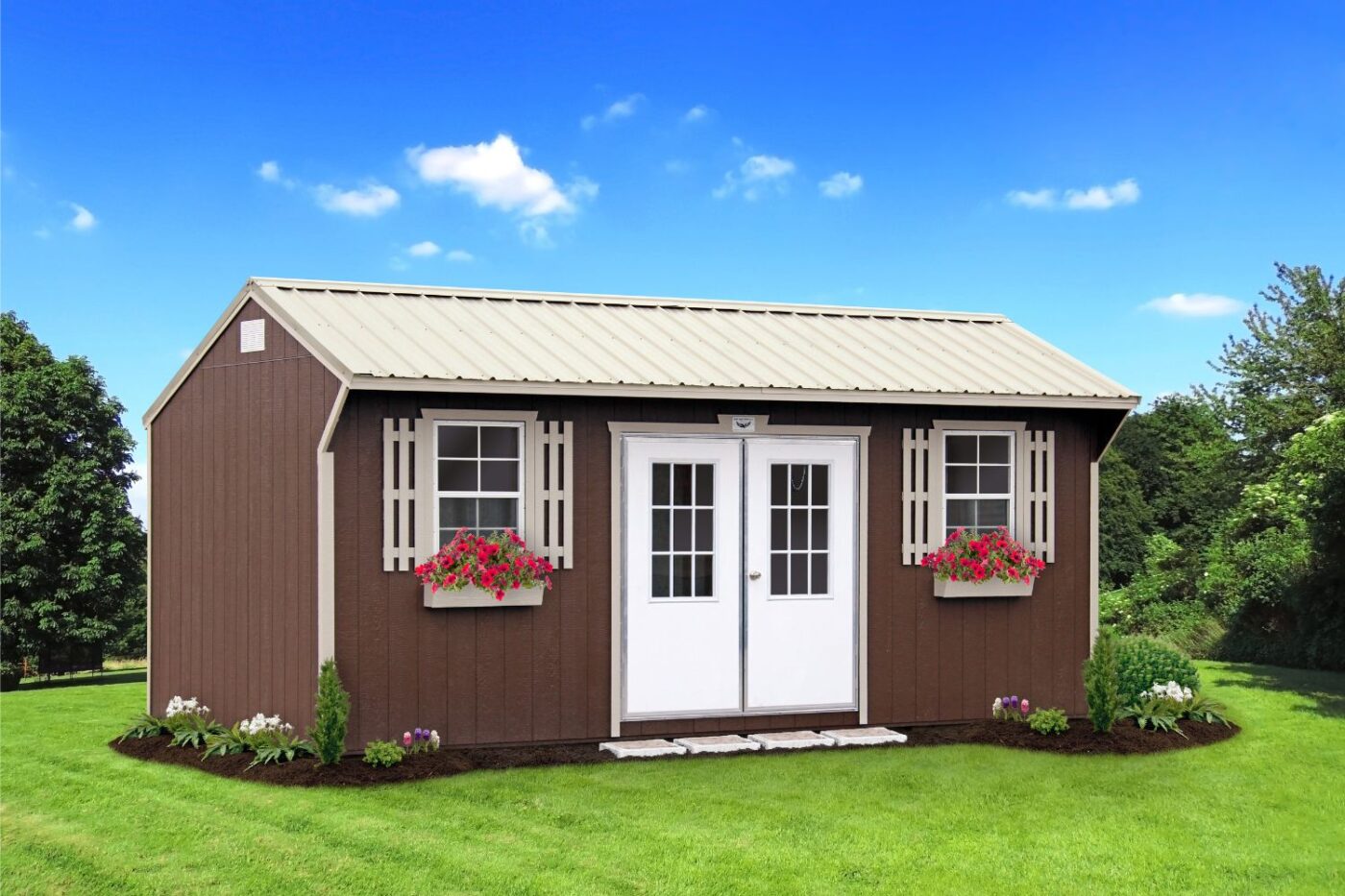a brown portable specialty shed with beige trim, a beige metal roof, and white double doors for sale in judsonia AR