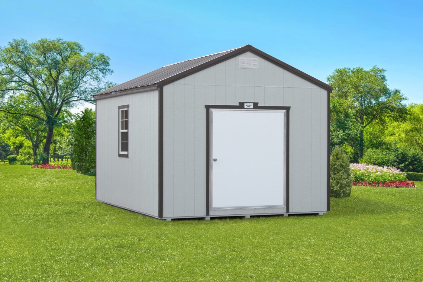 a grey portable shed with dark grey trim, a dark grey metal roof, and a white door for sale in bald knob AR